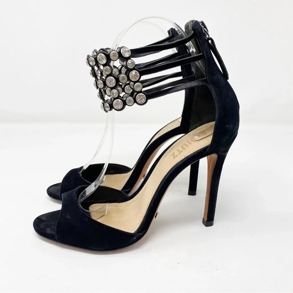 Schutz Size 6B Black Stiletto Heel Sandals with Bejeweled Rhinestone Ankle Strap - Picture 3 of 10